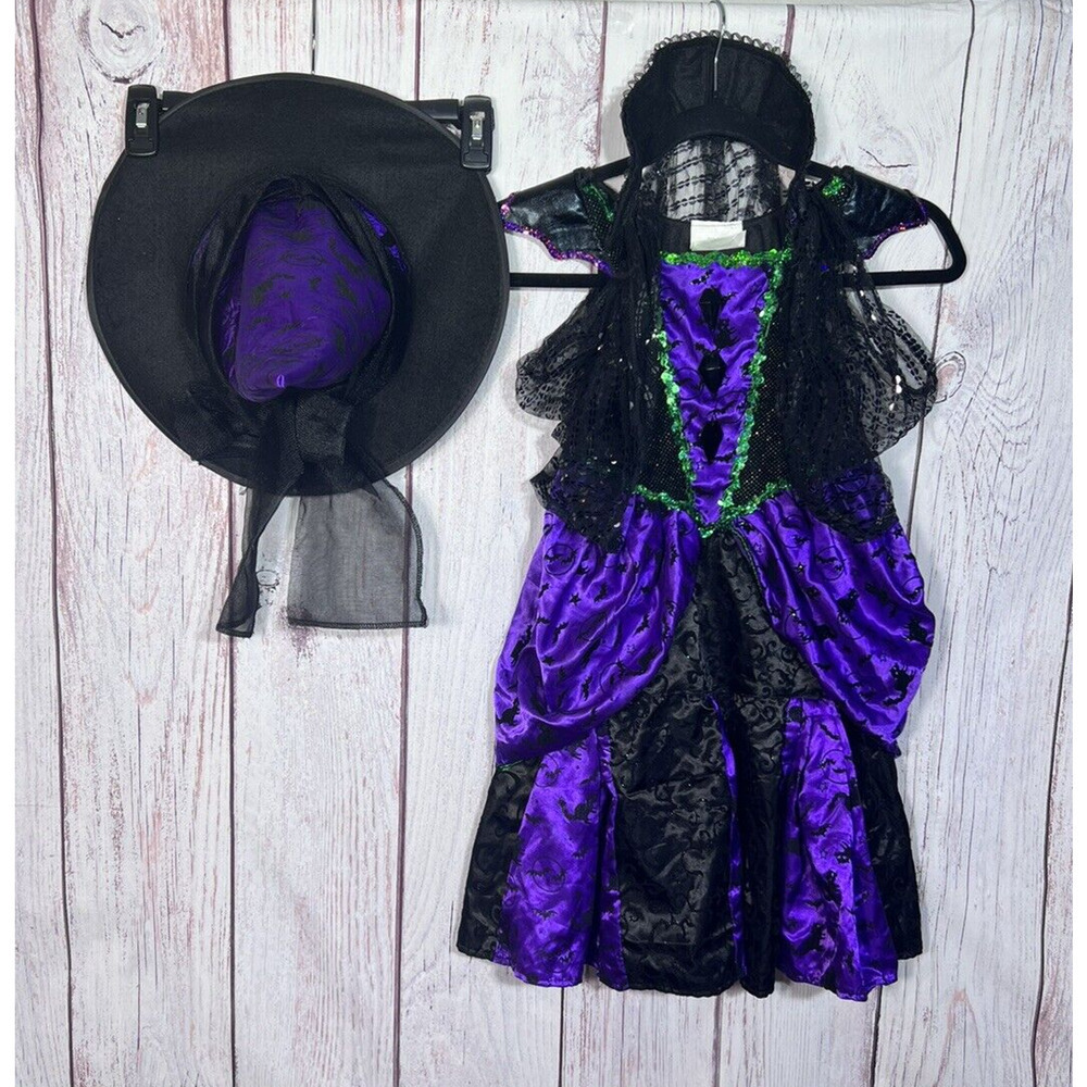 Teetot Girls Witch Dress WITH HAT & BROOM Size S 3-4 Black Purple Sequin Costume